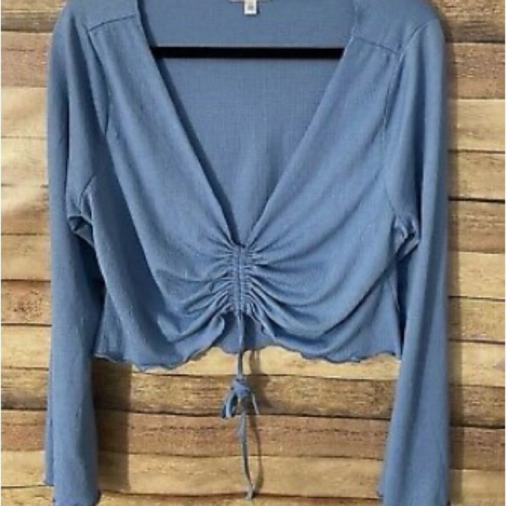 BP Blue Ruched Crop Blouse with Tie Front